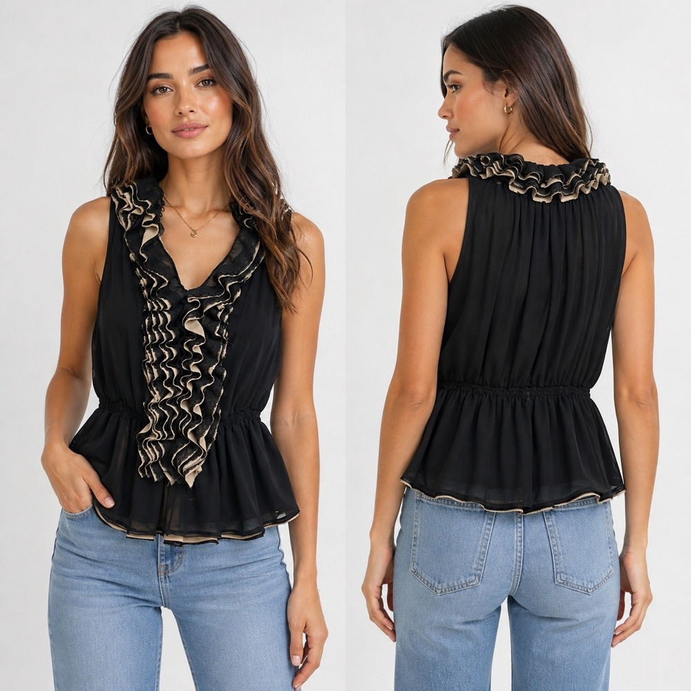Robert Rodriguez Blouse Women XS Black Ruffle Peplum Lace Neiman Marcus Target